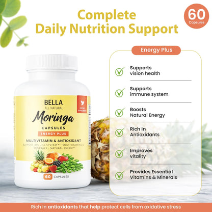 Bella All Natural Moringa Capsules 60 Count - Moringa Oleifera Leaf Supplement with Pomegranate & Elderberry Flavor, Pure Organic Moringa Capsules for Immune, Energy & Skin Health Support - dailyvitalstore