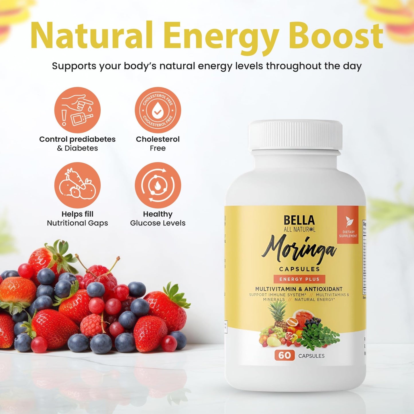 Bella All Natural Moringa Capsules 60 Count - Moringa Oleifera Leaf Supplement with Pomegranate & Elderberry Flavor, Pure Organic Moringa Capsules for Immune, Energy & Skin Health Support - dailyvitalstore