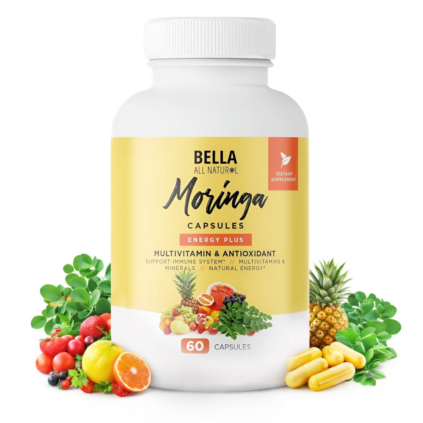 Bella All Natural Moringa Capsules 60 Count - Moringa Oleifera Leaf Supplement with Pomegranate & Elderberry Flavor, Pure Organic Moringa Capsules for Immune, Energy & Skin Health Support - dailyvitalstore