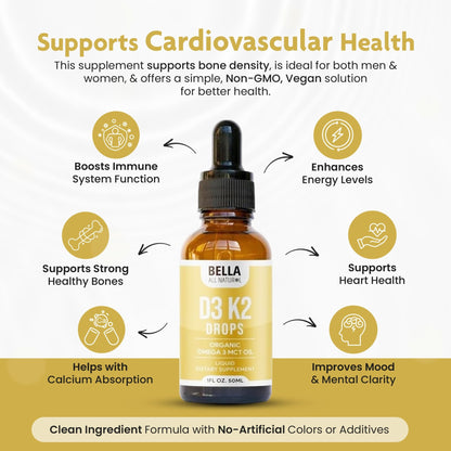 Bella All Natural Vitamin D3 K2 Liquid Drops 5000 IU (Unflavored) - Omega 3 with MCT Oil - dailyvitalstore