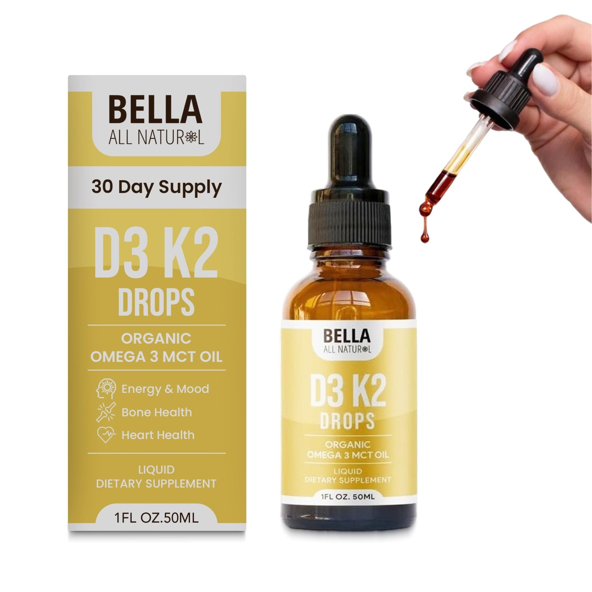 Bella All Natural Vitamin D3 K2 Liquid Drops 5000 IU (Unflavored) - Omega 3 with MCT Oil - dailyvitalstore