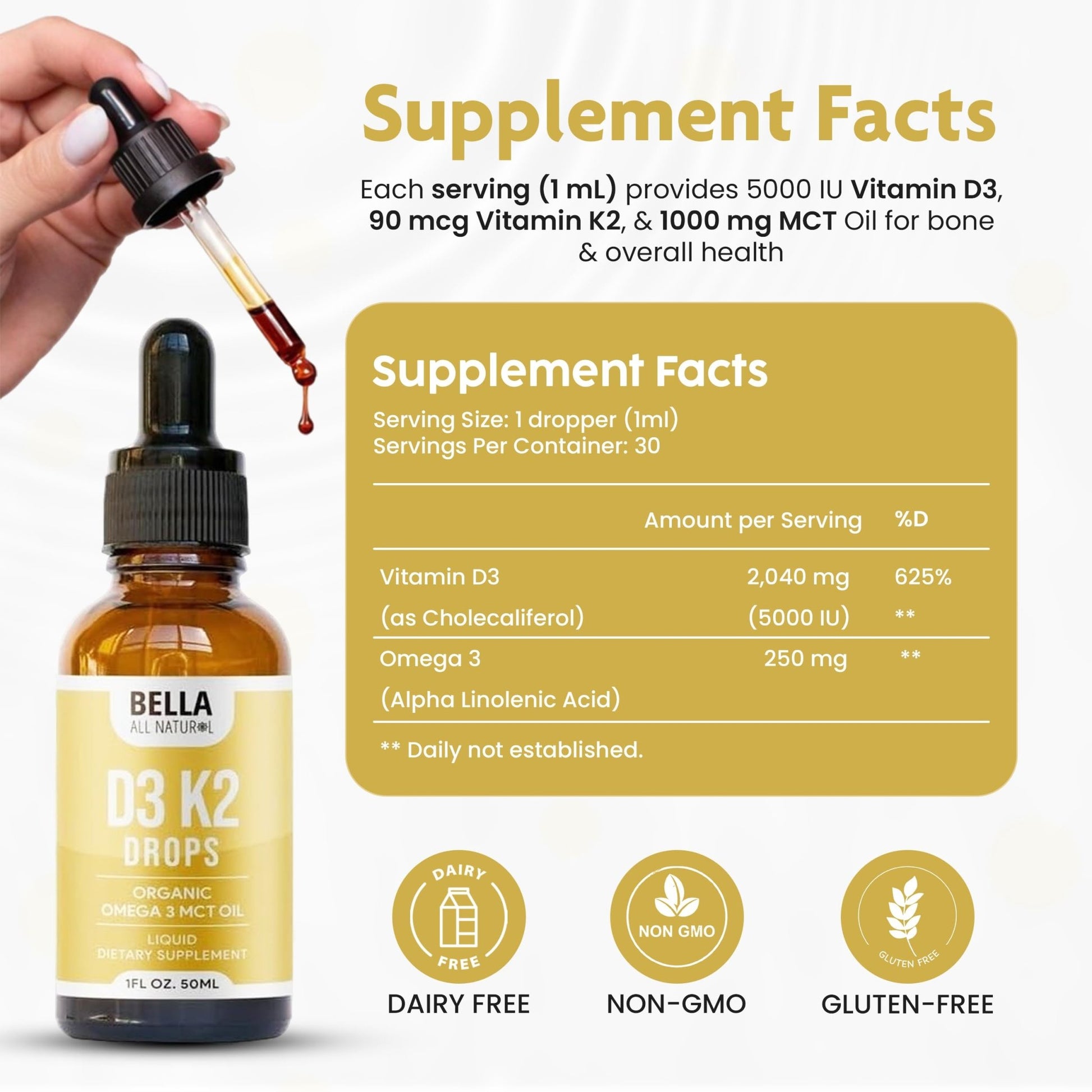 Bella All Natural Vitamin D3 K2 Liquid Drops 5000 IU (Unflavored) - Omega 3 with MCT Oil - dailyvitalstore