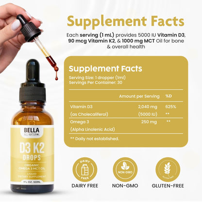 Bella All Natural Vitamin D3 K2 Liquid Drops 5000 IU (Unflavored) - Omega 3 with MCT Oil - dailyvitalstore