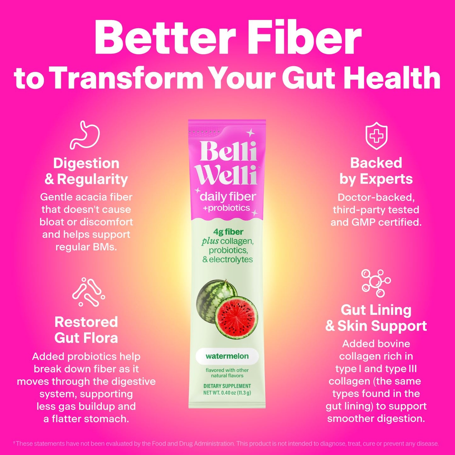 Belli Welli Daily Fiber Supplement Packets with Collagen, Probiotics & Electrolytes | Single Serve Packets for Gut Health - dailyvitalstore
