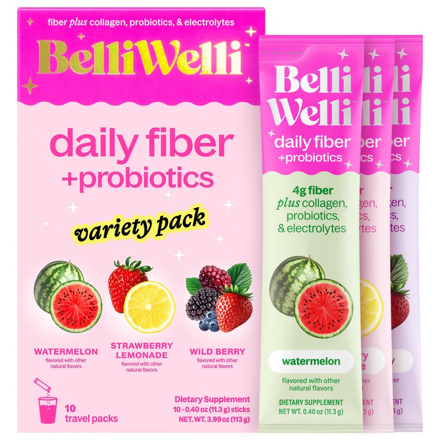 Belli Welli Daily Fiber Supplement Packets with Collagen, Probiotics & Electrolytes | Single Serve Packets for Gut Health - dailyvitalstore