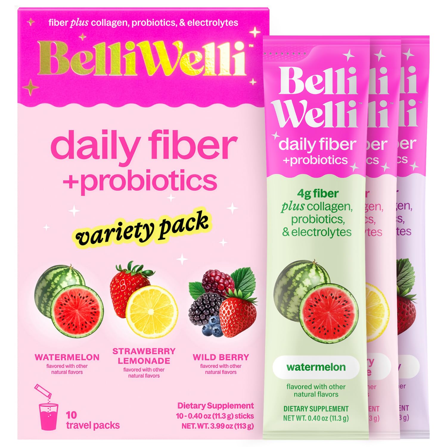 Belli Welli Daily Fiber Supplement Packets with Collagen, Probiotics & Electrolytes | Single Serve Packets for Gut Health - dailyvitalstore