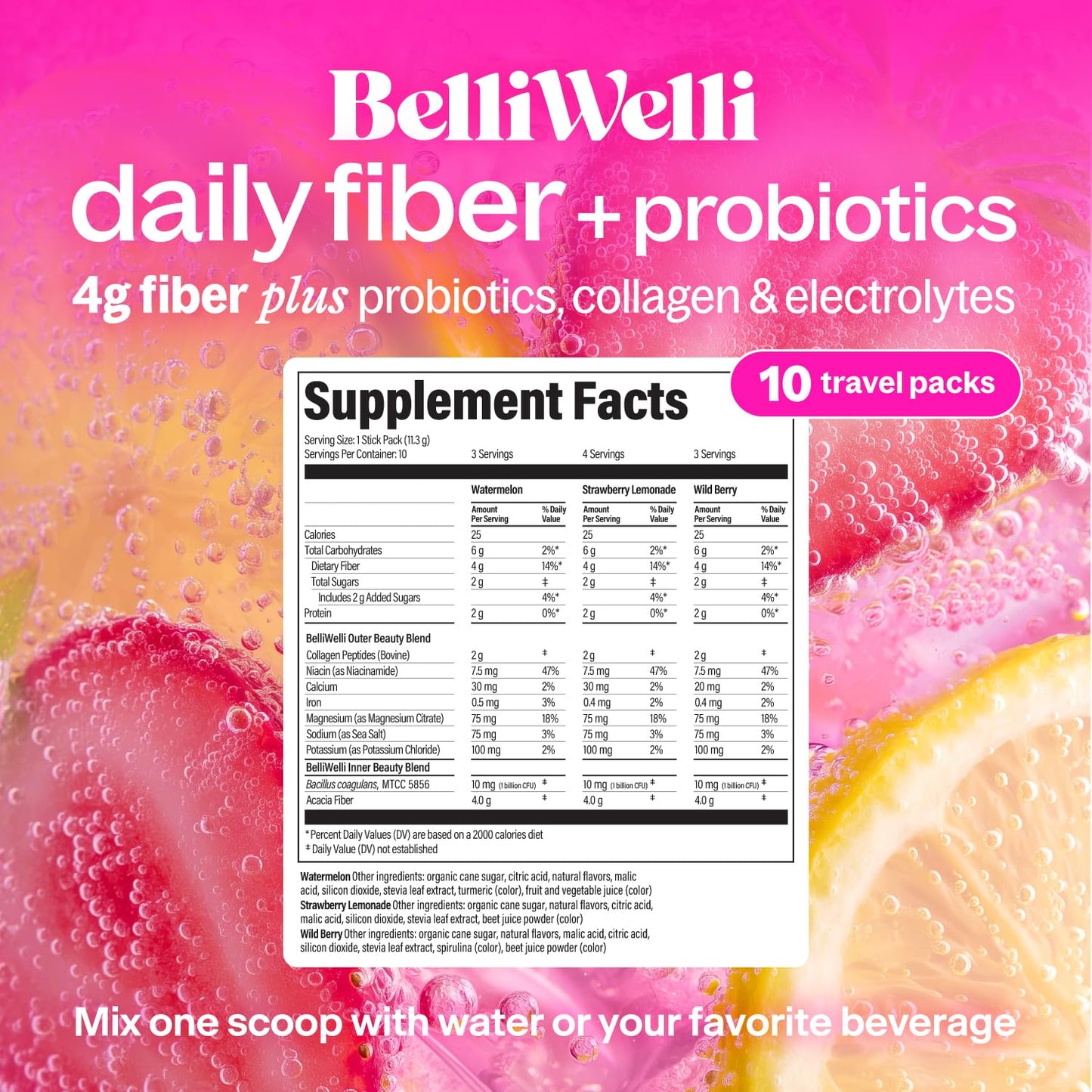 Belli Welli Daily Fiber Supplement Packets with Collagen, Probiotics & Electrolytes | Single Serve Packets for Gut Health - dailyvitalstore