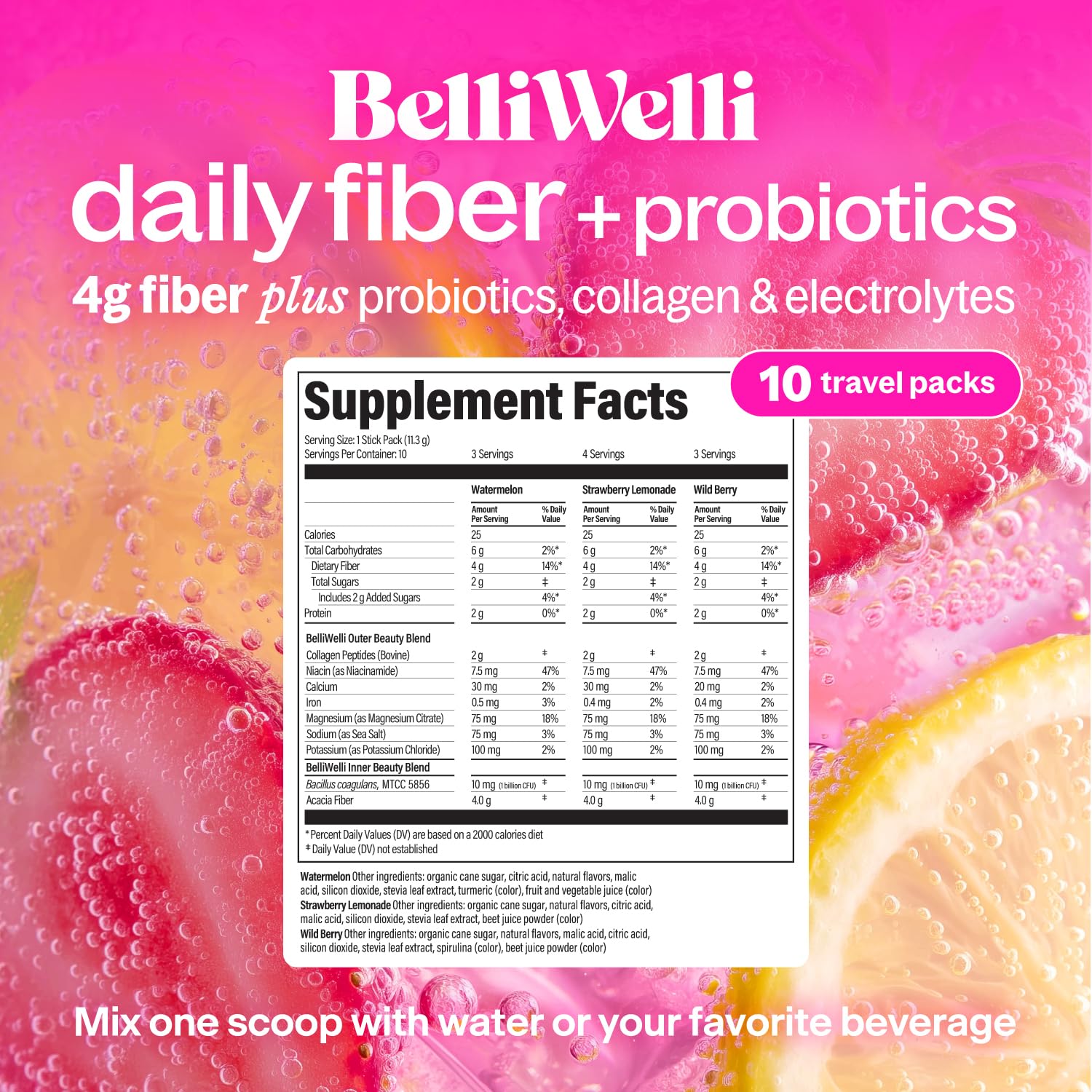 Belli Welli Daily Fiber Supplement Packets with Collagen, Probiotics & Electrolytes | Single Serve Packets for Gut Health - dailyvitalstore