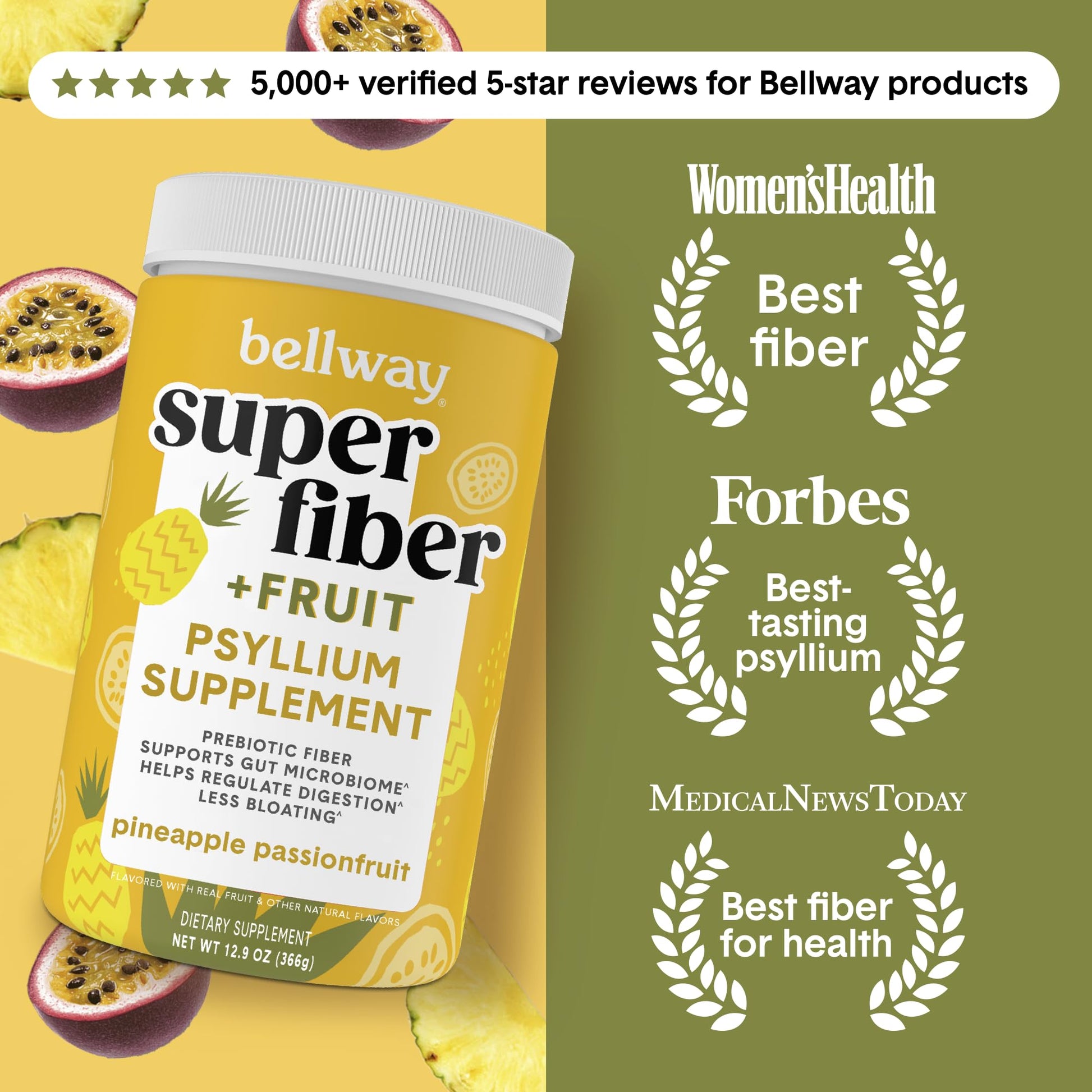 Bellway Super Fiber Powder + Fruit, Sugar Free Organic Psyllium Husk Powder Fiber Supplement for Regularity, Bloating Relief & Digestive Health, Plant-Based, - dailyvitalstore