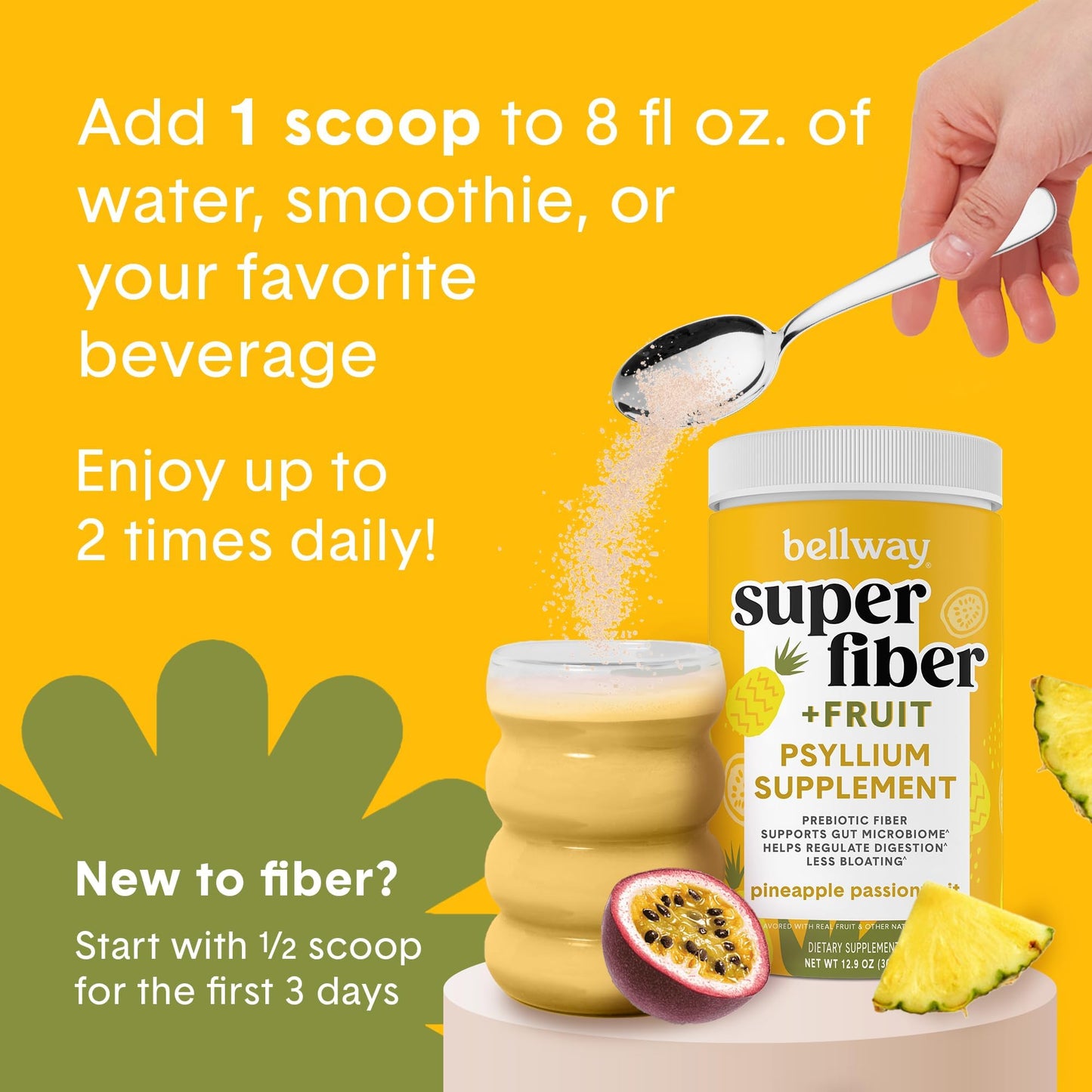 Bellway Super Fiber Powder + Fruit, Sugar Free Organic Psyllium Husk Powder Fiber Supplement for Regularity, Bloating Relief & Digestive Health, Plant-Based, - dailyvitalstore