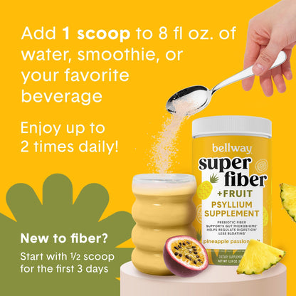 Bellway Super Fiber Powder + Fruit, Sugar Free Organic Psyllium Husk Powder Fiber Supplement for Regularity, Bloating Relief & Digestive Health, Plant-Based, - dailyvitalstore