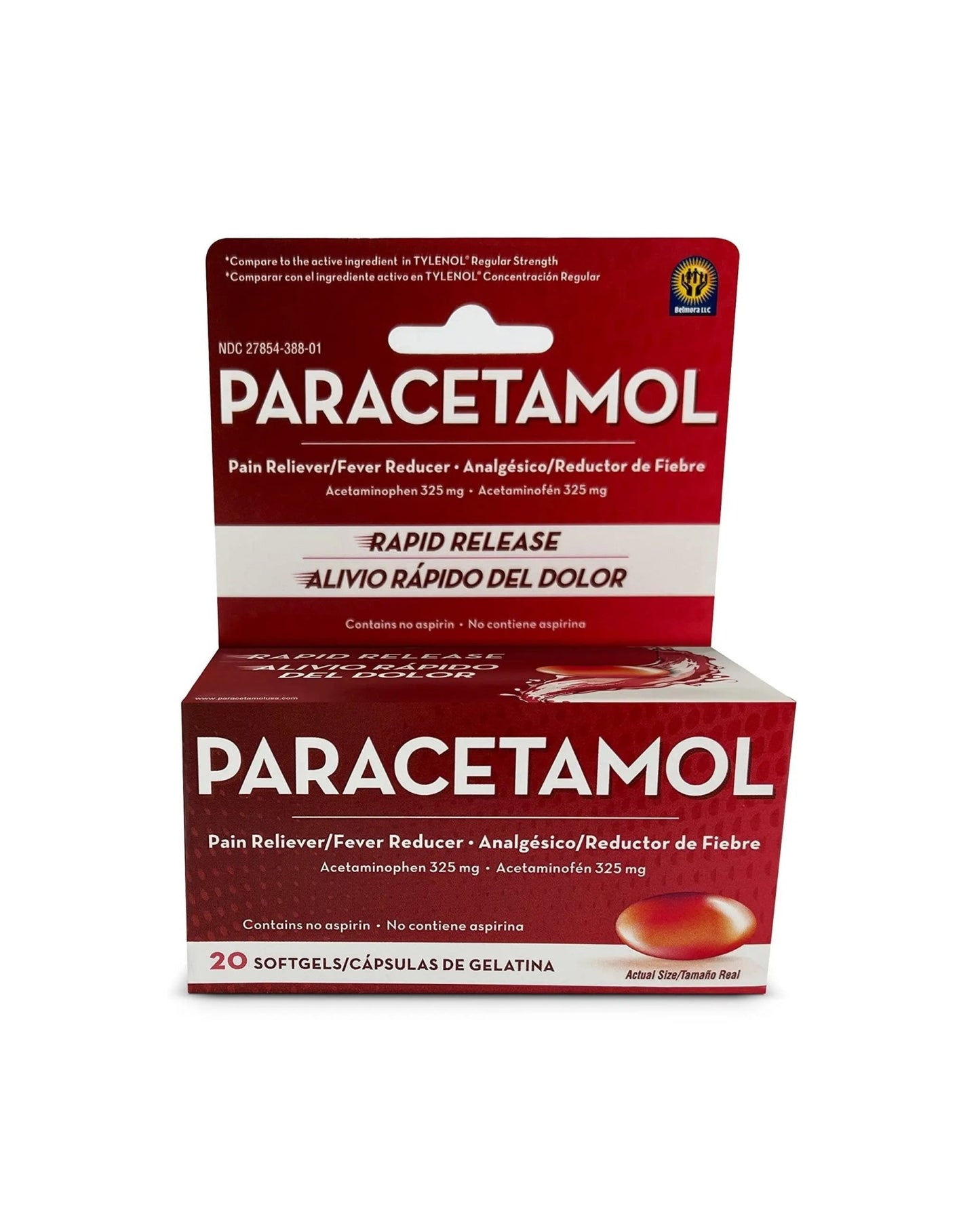 Belmora Paracetamol Acetaminophen 325mg 20 Softgels for Pain Relief, Liquid Filled Capsules for Rapid Release, Fever Reducer for Adults Extra Strength - dailyvitalstore