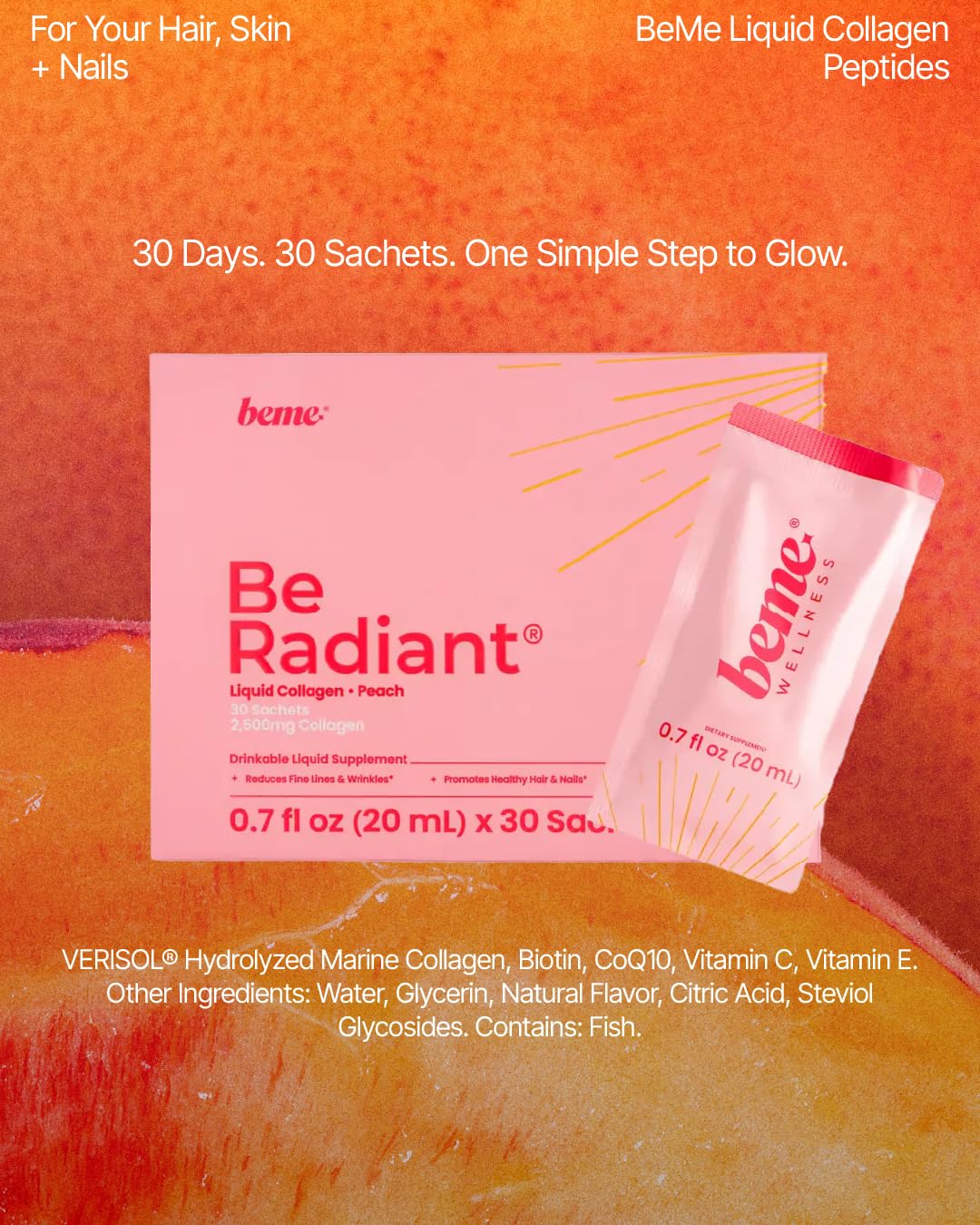 BeMe Liquid Collagen for Women - 2500mg Verisol Collagen Liquid with Biotin, CoQ10 & Vitamin C - Clinically Proven Collagen Peptides for Hair, Skin & Nails - 30 Peach Sachets - dailyvitalstore