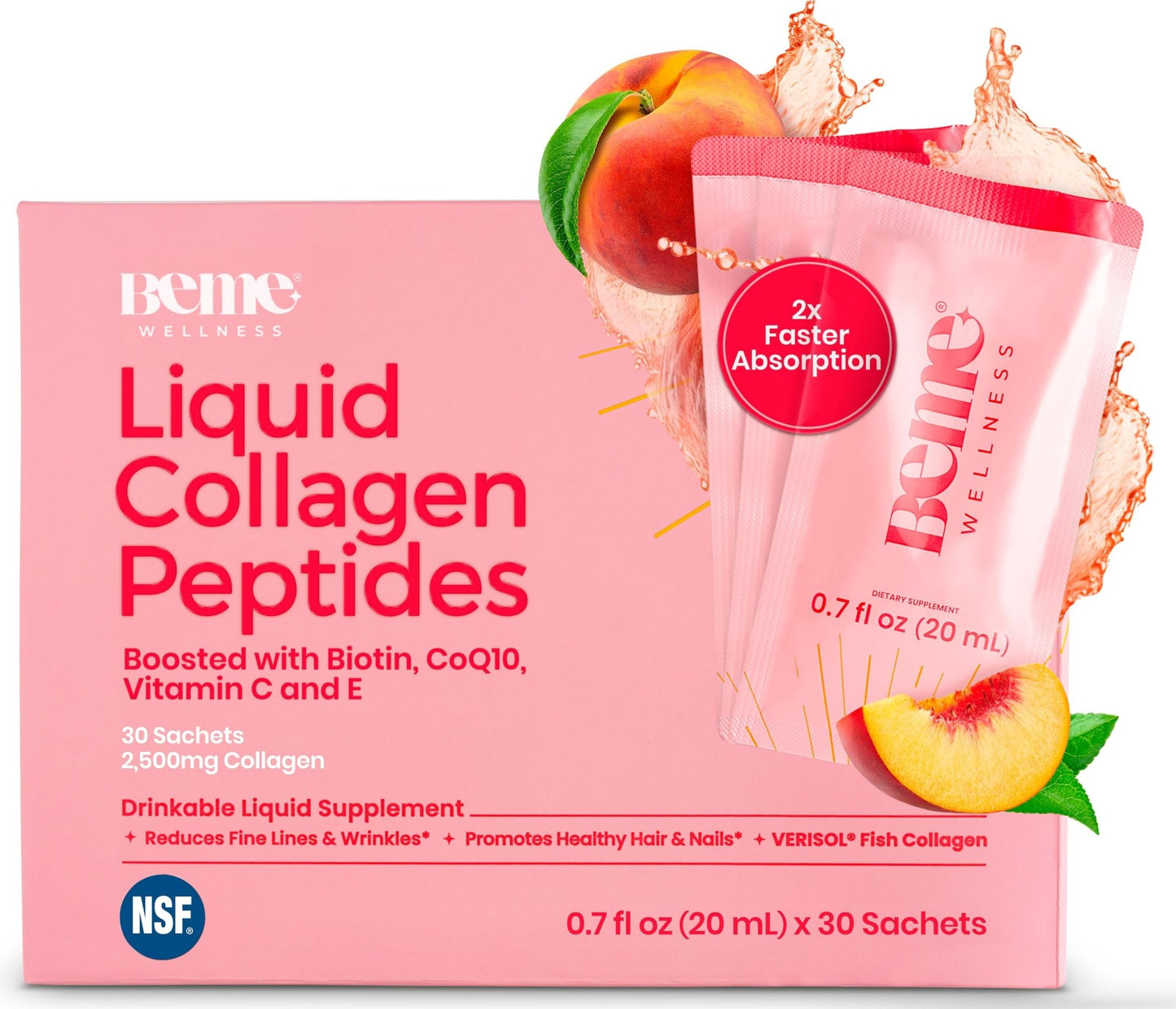 BeMe Liquid Collagen for Women - 2500mg Verisol Collagen Liquid with Biotin, CoQ10 & Vitamin C - Clinically Proven Collagen Peptides for Hair, Skin & Nails - 30 Peach Sachets - dailyvitalstore