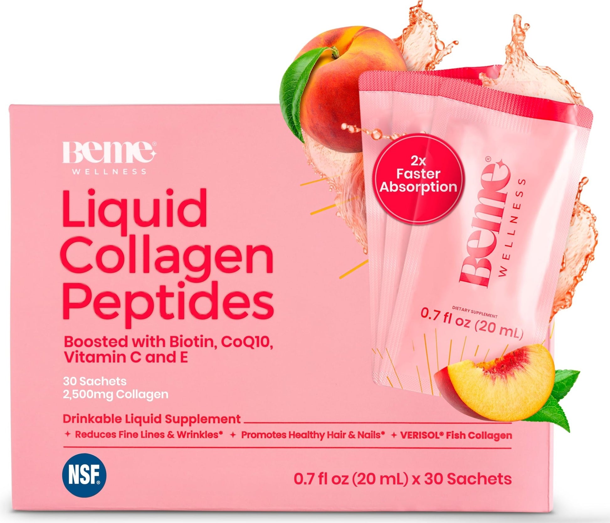 BeMe Liquid Collagen for Women - 2500mg Verisol Collagen Liquid with Biotin, CoQ10 & Vitamin C - Clinically Proven Collagen Peptides for Hair, Skin & Nails - 30 Peach Sachets - dailyvitalstore