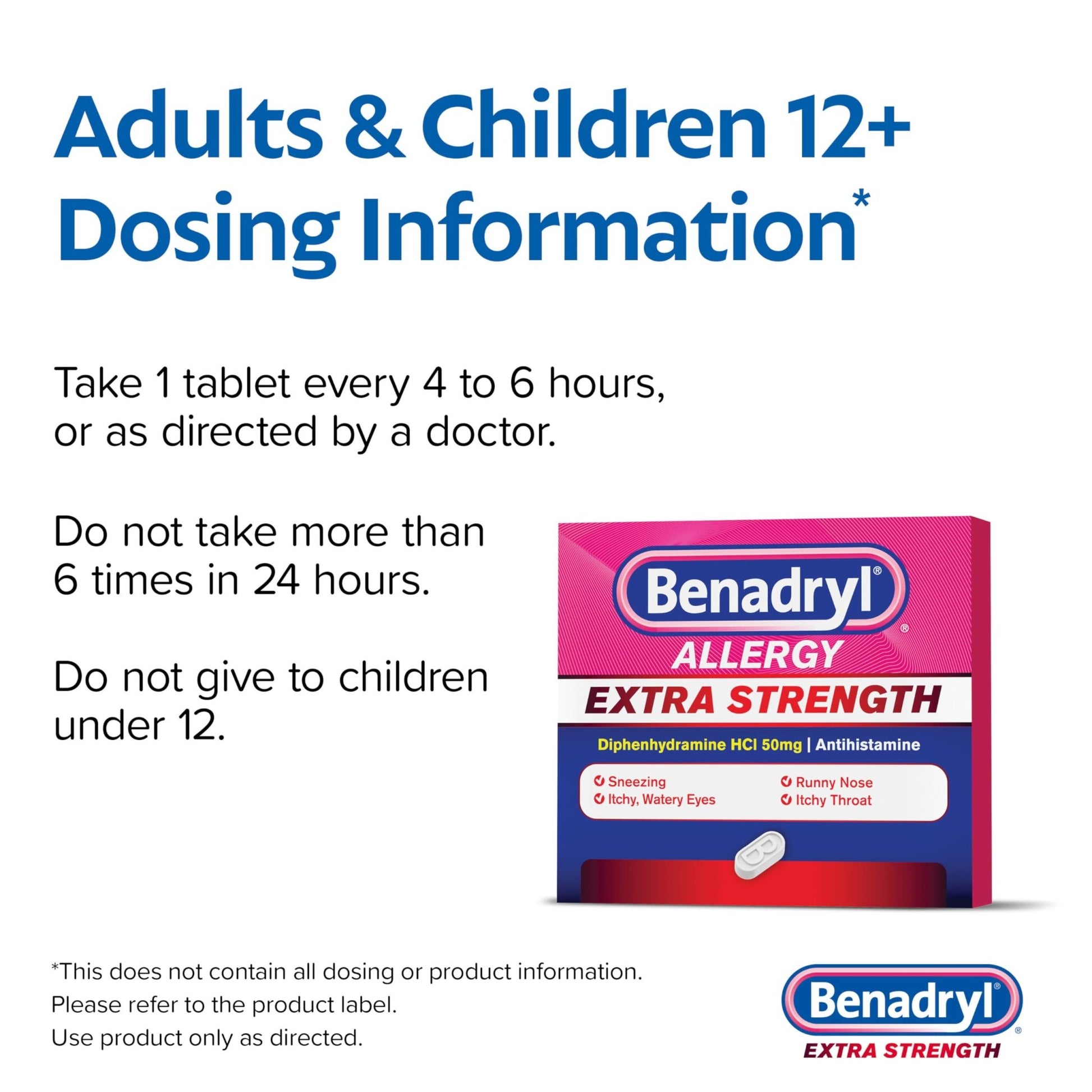 Benadryl Extra Strength Allergy Relief Medicine, 50 mg Diphenhydramine HCl Antihistamine Tablets for Relief of Allergy Symptoms Due to Hay Fever or Other Upper Respiratory Allergies, 24 ct - dailyvitalstore