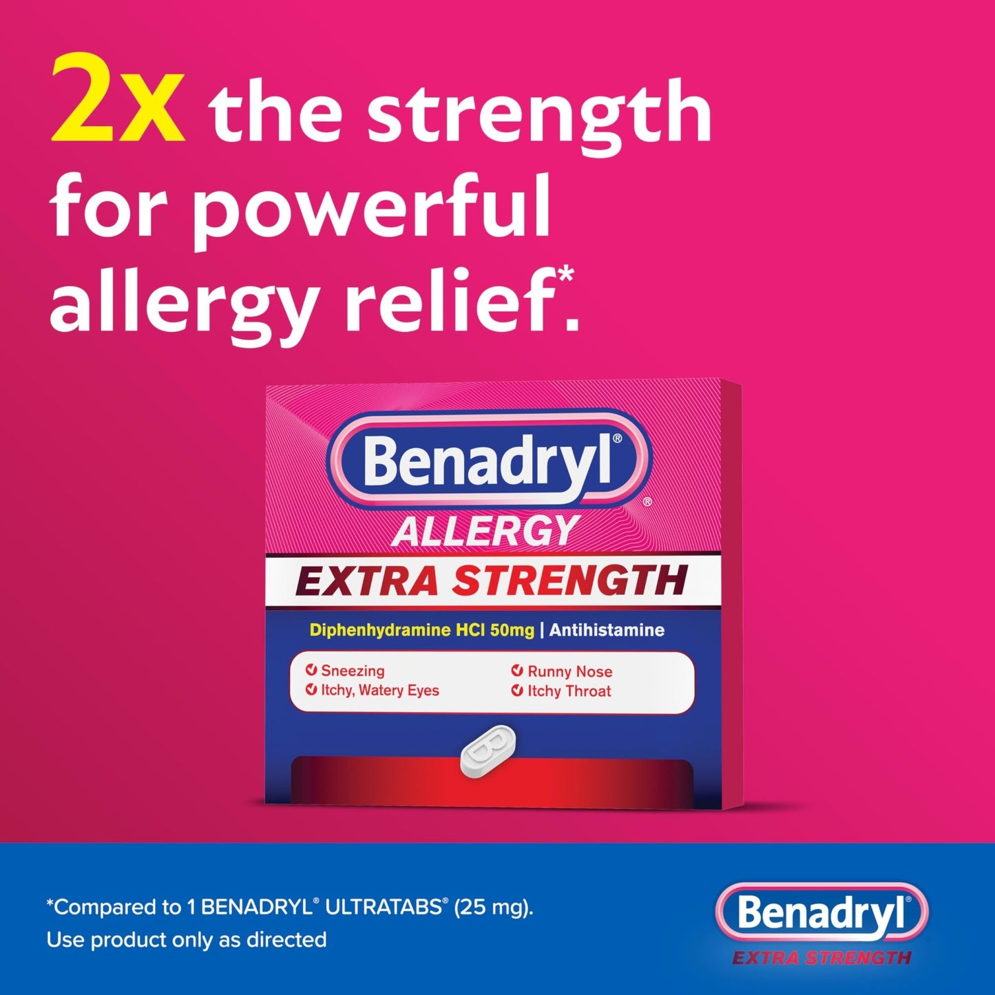 Benadryl Extra Strength Allergy Relief Medicine, 50 mg Diphenhydramine HCl Antihistamine Tablets for Relief of Allergy Symptoms Due to Hay Fever or Other Upper Respiratory Allergies, 24 ct - dailyvitalstore