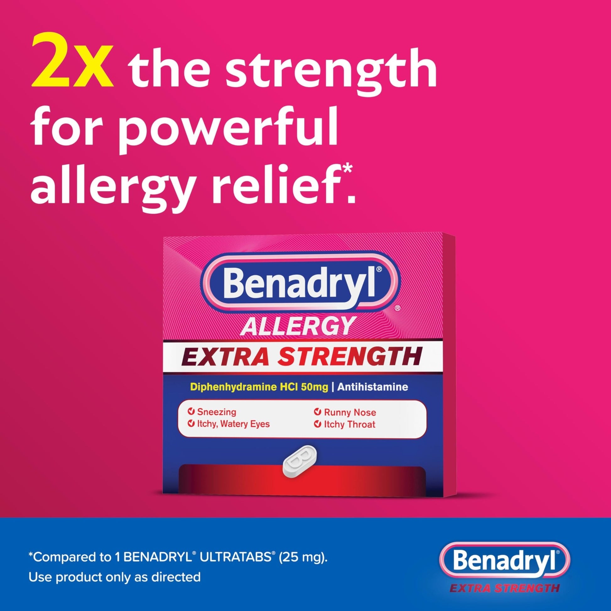 Benadryl Extra Strength Allergy Relief Medicine, 50 mg Diphenhydramine HCl Antihistamine Tablets for Relief of Allergy Symptoms Due to Hay Fever or Other Upper Respiratory Allergies, 24 ct - dailyvitalstore