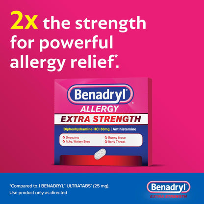 Benadryl Extra Strength Allergy Relief Medicine, 50 mg Diphenhydramine HCl Antihistamine Tablets for Relief of Allergy Symptoms Due to Hay Fever or Other Upper Respiratory Allergies, 24 ct - dailyvitalstore