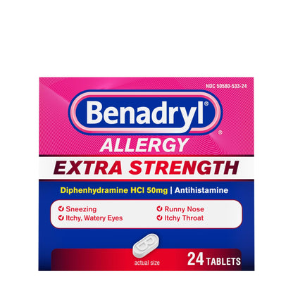 Benadryl Extra Strength Allergy Relief Medicine, 50 mg Diphenhydramine HCl Antihistamine Tablets for Relief of Allergy Symptoms Due to Hay Fever or Other Upper Respiratory Allergies, 24 ct - dailyvitalstore