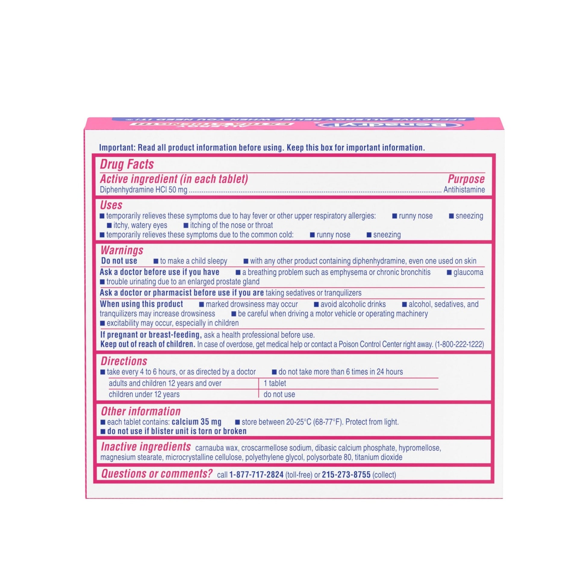 Benadryl Extra Strength Allergy Relief Medicine, 50 mg Diphenhydramine HCl Antihistamine Tablets for Relief of Allergy Symptoms Due to Hay Fever or Other Upper Respiratory Allergies, 24 ct - dailyvitalstore