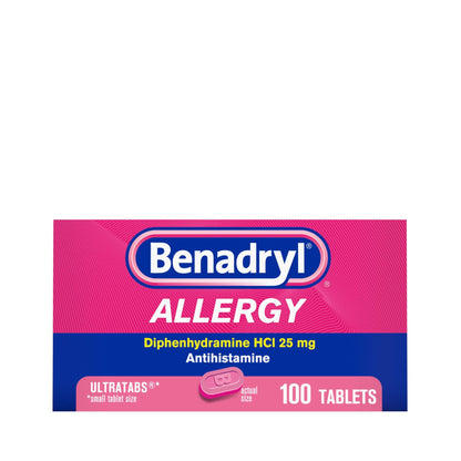 Benadryl Ultratabs Allergy Medicine, 25 mg Diphenhydramine HCl Antihistamine Tablets For Cold & Allergy Relief of Symptoms Like Sneezing, Runny Nose, Itchy Eyes & Throat, Hay Fever, 100 Count Tablets - dailyvitalstore