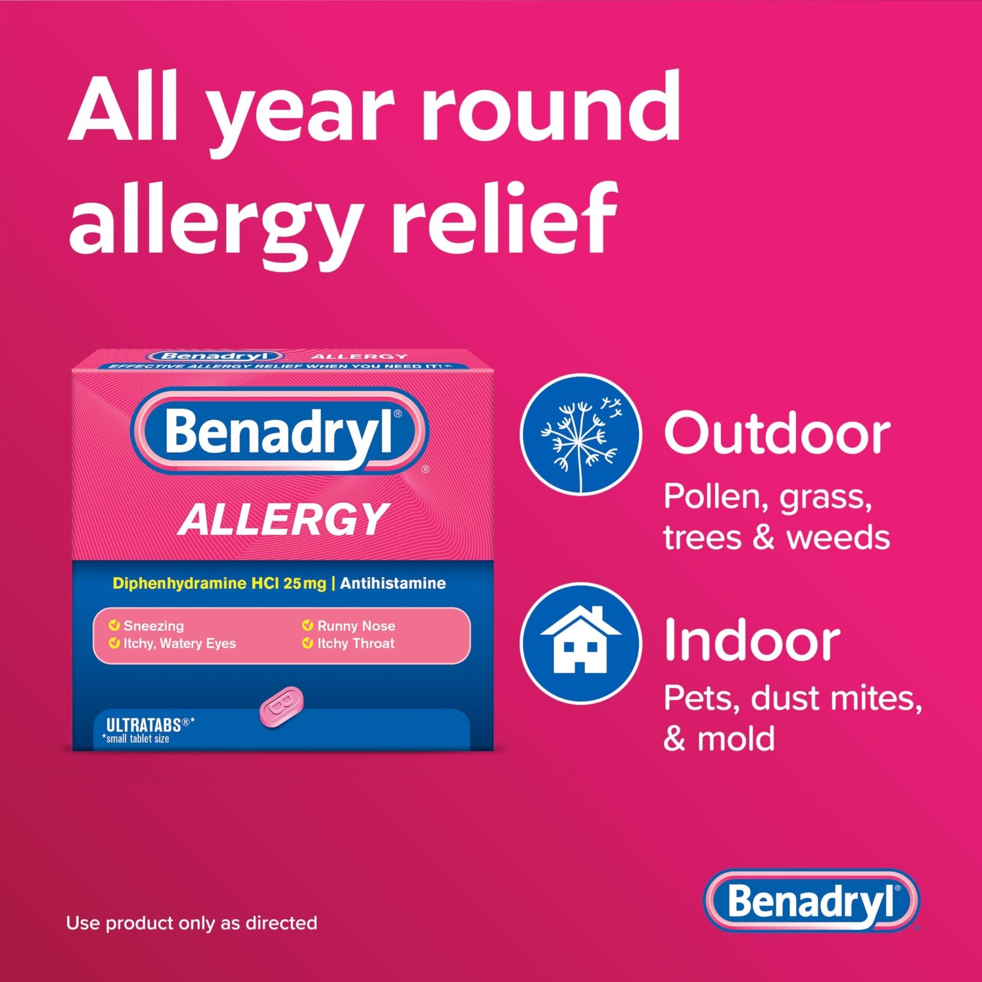 Benadryl Ultratabs Allergy Relief Medicine, 25 mg Diphenhydramine HCl Antihistamine Tablets For Relief of Cold & Allergy Symptoms Like Sneezing, Runny Nose, & Itchy Eyes & Throat, 24 ct - dailyvitalstore