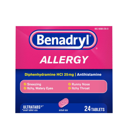 Benadryl Ultratabs Allergy Relief Medicine, 25 mg Diphenhydramine HCl Antihistamine Tablets For Relief of Cold & Allergy Symptoms Like Sneezing, Runny Nose, & Itchy Eyes & Throat, 24 ct - dailyvitalstore