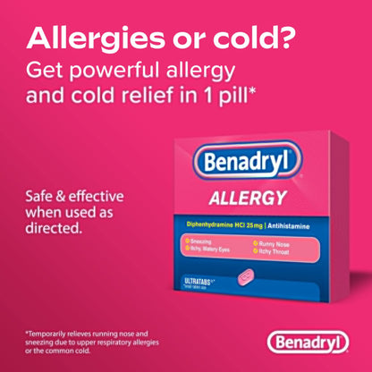 Benadryl Ultratabs Antihistamine Allergy Relief Tablets with 25 mg Diphenhydramine HCl, 100 ct and Tylenol Extra Strength Pain Reliever Rapid Release Gels with 500 mg Acetaminophen, 100 ct - dailyvitalstore