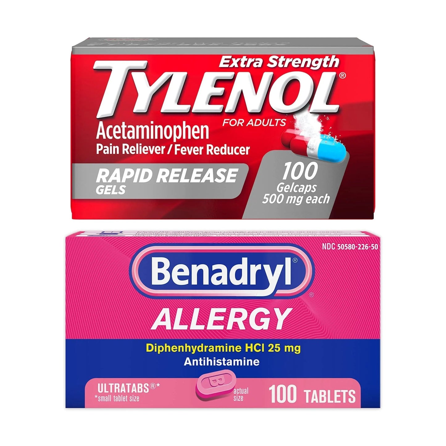 Benadryl Ultratabs Antihistamine Allergy Relief Tablets with 25 mg Diphenhydramine HCl, 100 ct and Tylenol Extra Strength Pain Reliever Rapid Release Gels with 500 mg Acetaminophen, 100 ct - dailyvitalstore
