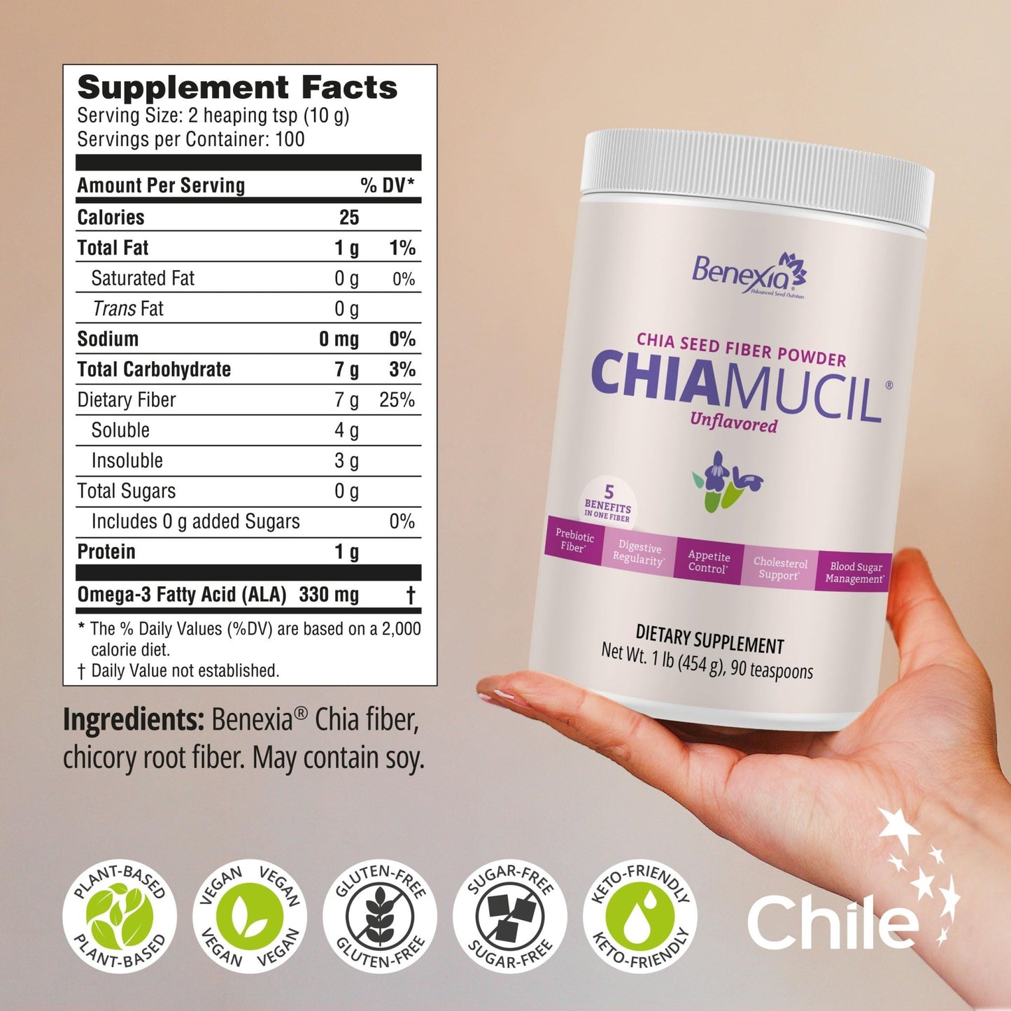 BENEXIA Chiamucil Prebiotic Chia Fiber Supplement Powder – for Appetite Control & Digestive Health – Chia Fiber & Chicory Root (Inulin) – Gluten & Sugar Free, Vegan - dailyvitalstore