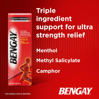 Bengay Ultra Strength Topical Pain Relief Cream, Non-Greasy Topical Analgesic for Minor Arthritis, Muscle, Joint and Back Pain, Camphor, Menthol and Methyl Salicylate, 4 OZ - dailyvitalstore