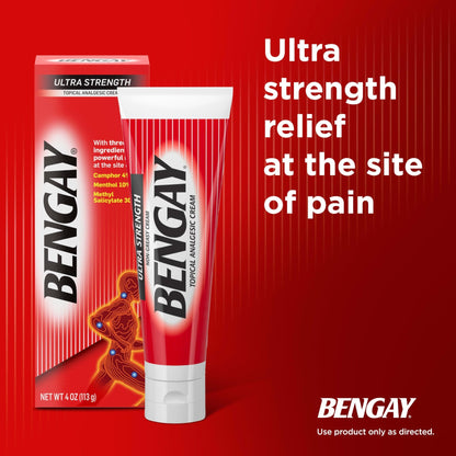Bengay Ultra Strength Topical Pain Relief Cream, Non-Greasy Topical Analgesic for Minor Arthritis, Muscle, Joint and Back Pain, Camphor, Menthol and Methyl Salicylate, 4 OZ - dailyvitalstore
