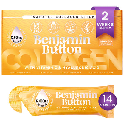 Benjamin Button 12,000mg Marine Collagen Liquid Shots| High Strength Hydrolyzed Marine Collagen Peptides w/Hyaluronic Acid & Vitamin C for Skin, Hair & Joints | Mango, 14 Daily Servings 30ml - dailyvitalstore
