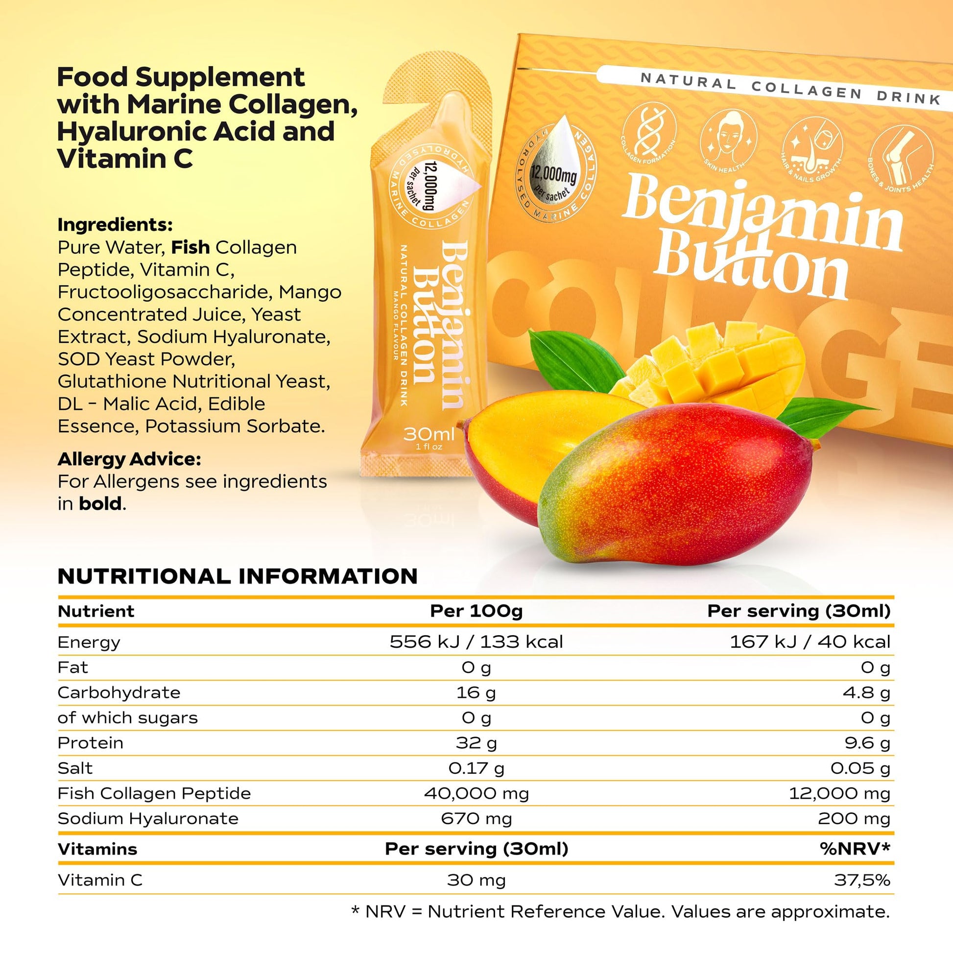 Benjamin Button 12,000mg Marine Collagen Liquid Shots| High Strength Hydrolyzed Marine Collagen Peptides w/Hyaluronic Acid & Vitamin C for Skin, Hair & Joints | Mango, 14 Daily Servings 30ml - dailyvitalstore
