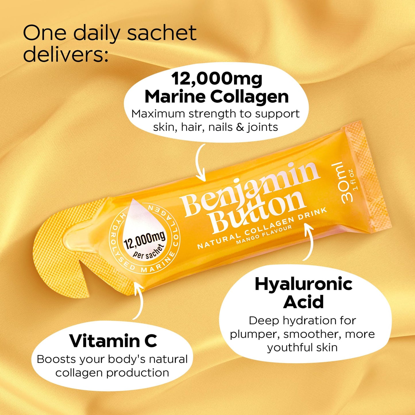 Benjamin Button 12,000mg Marine Collagen Liquid Shots| High Strength Hydrolyzed Marine Collagen Peptides w/Hyaluronic Acid & Vitamin C for Skin, Hair & Joints | Mango, 14 Daily Servings 30ml - dailyvitalstore