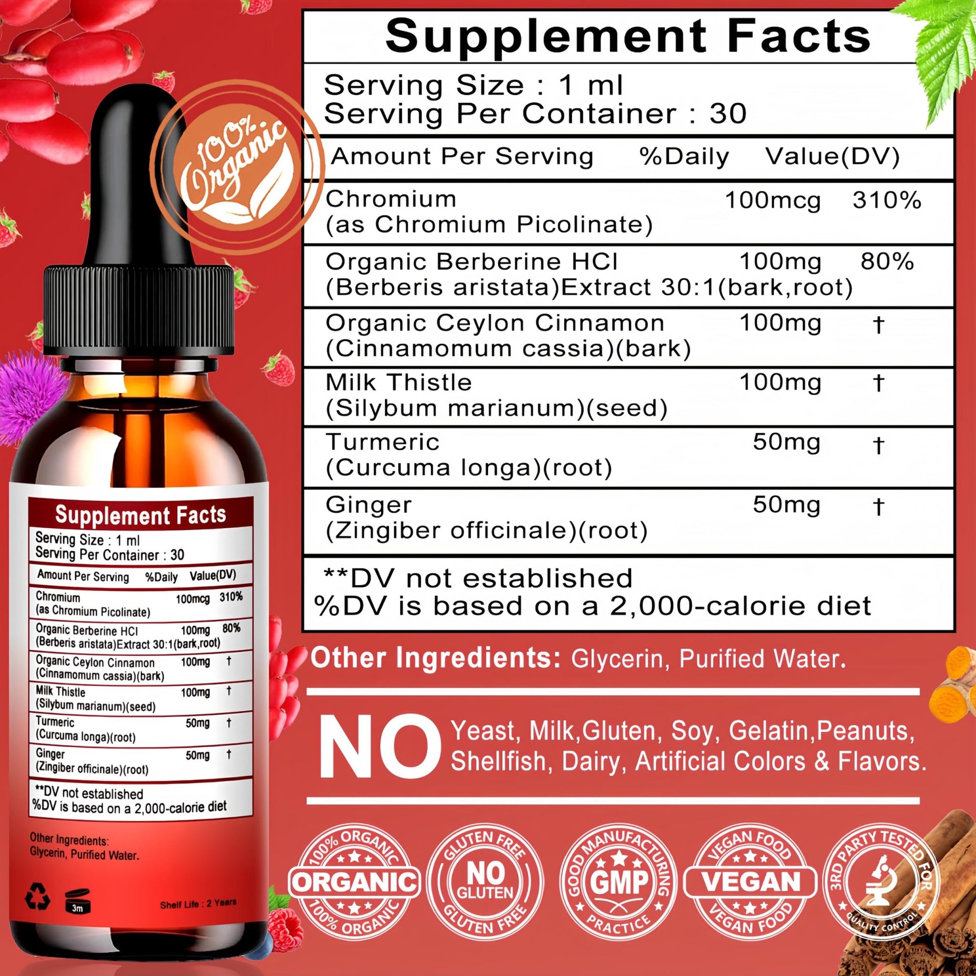 Berberine Drops, High Absorption 6-in-1 Liquid Berberine Supplement with Ceylon Cinnamon Milk Thistle Turmeric, Premium Berberine HCl for Immune Function Metabolic & Digestive Support, 30 Servings - dailyvitalstore