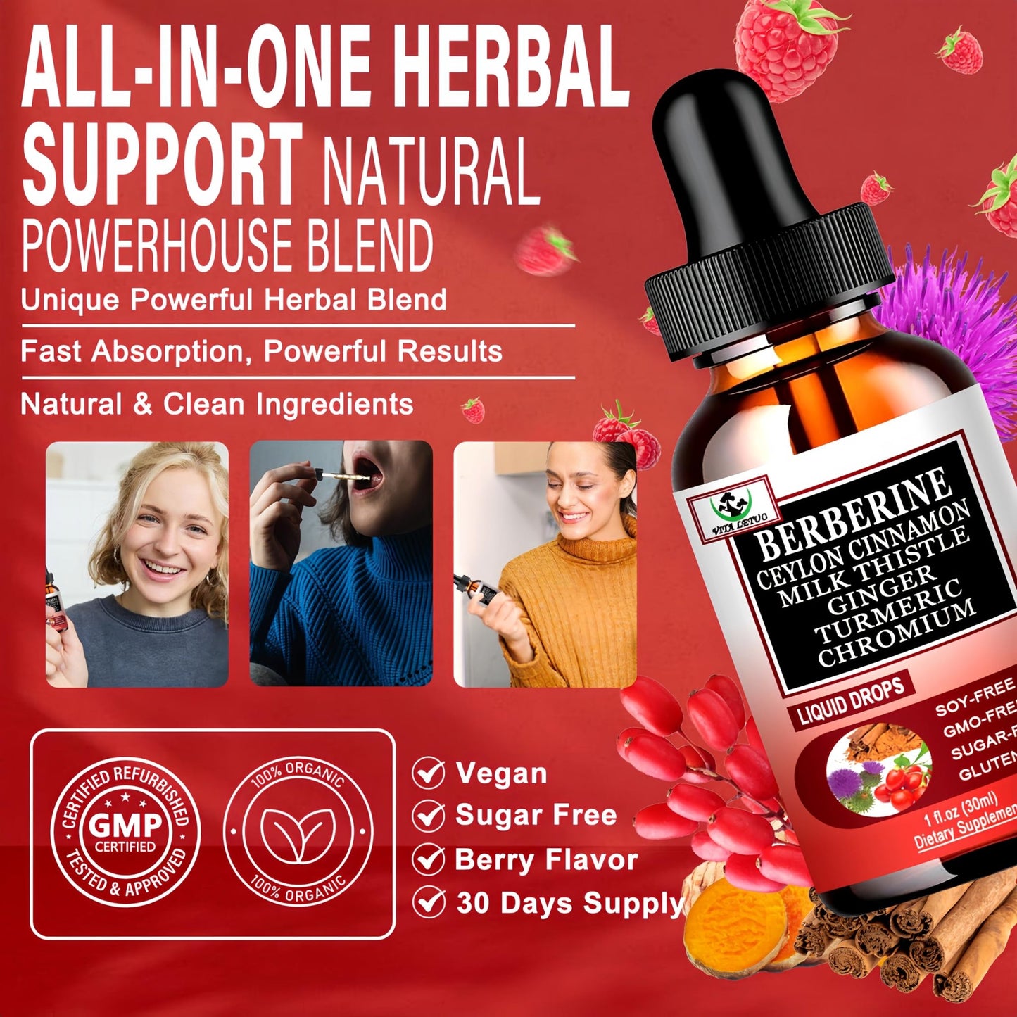 Berberine Drops, High Absorption 6-in-1 Liquid Berberine Supplement with Ceylon Cinnamon Milk Thistle Turmeric, Premium Berberine HCl for Immune Function Metabolic & Digestive Support, 30 Servings - dailyvitalstore