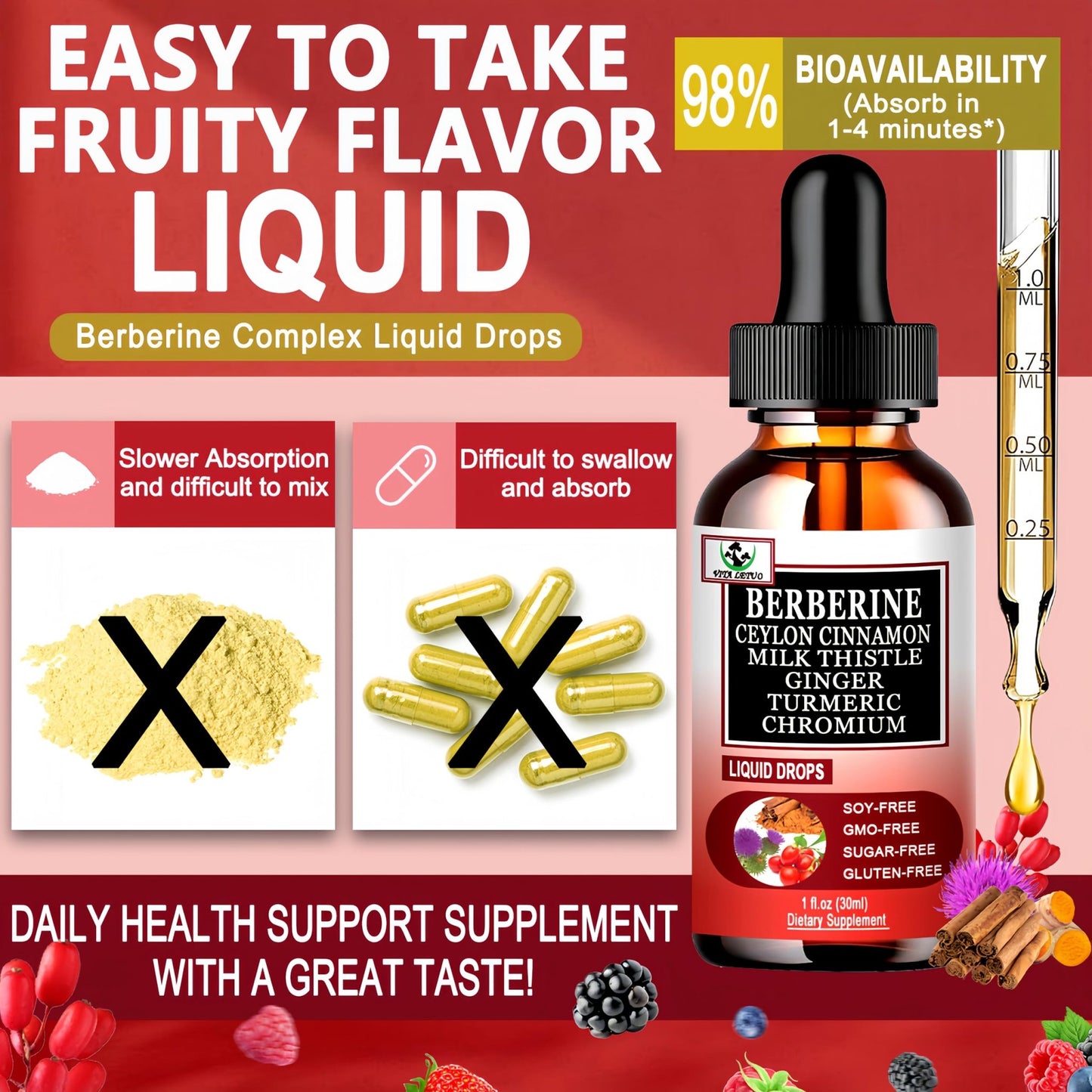 Berberine Drops, High Absorption 6-in-1 Liquid Berberine Supplement with Ceylon Cinnamon Milk Thistle Turmeric, Premium Berberine HCl for Immune Function Metabolic & Digestive Support, 30 Servings - dailyvitalstore