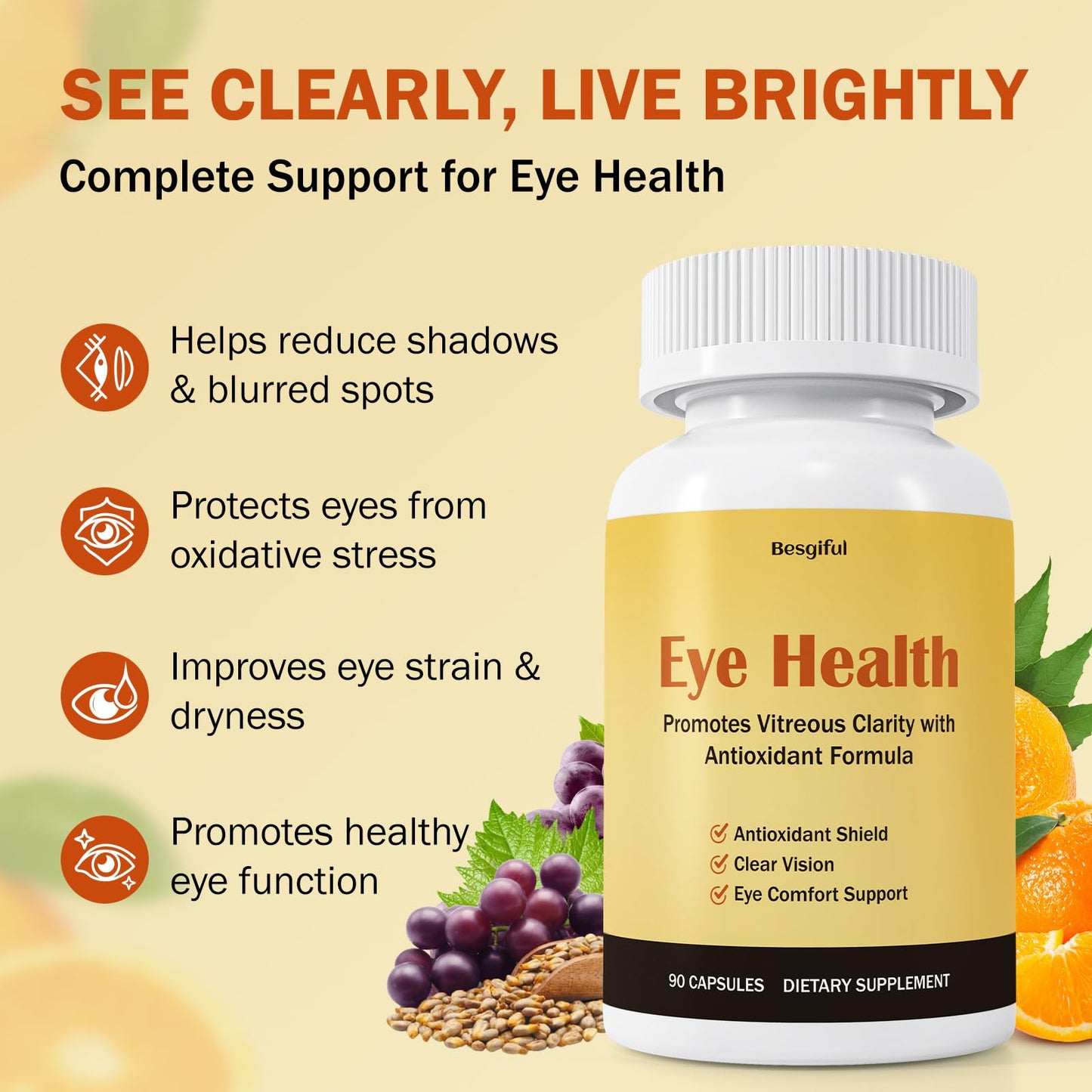 Besgiful Eye Supplement for Vitreous Health, Promotes Clear Vision, Improves Eye Strain & Dryness, Reduces Squiggly Lines, Eye Degeneration, Clear Eye Support, 90 Vegan Capsules - dailyvitalstore