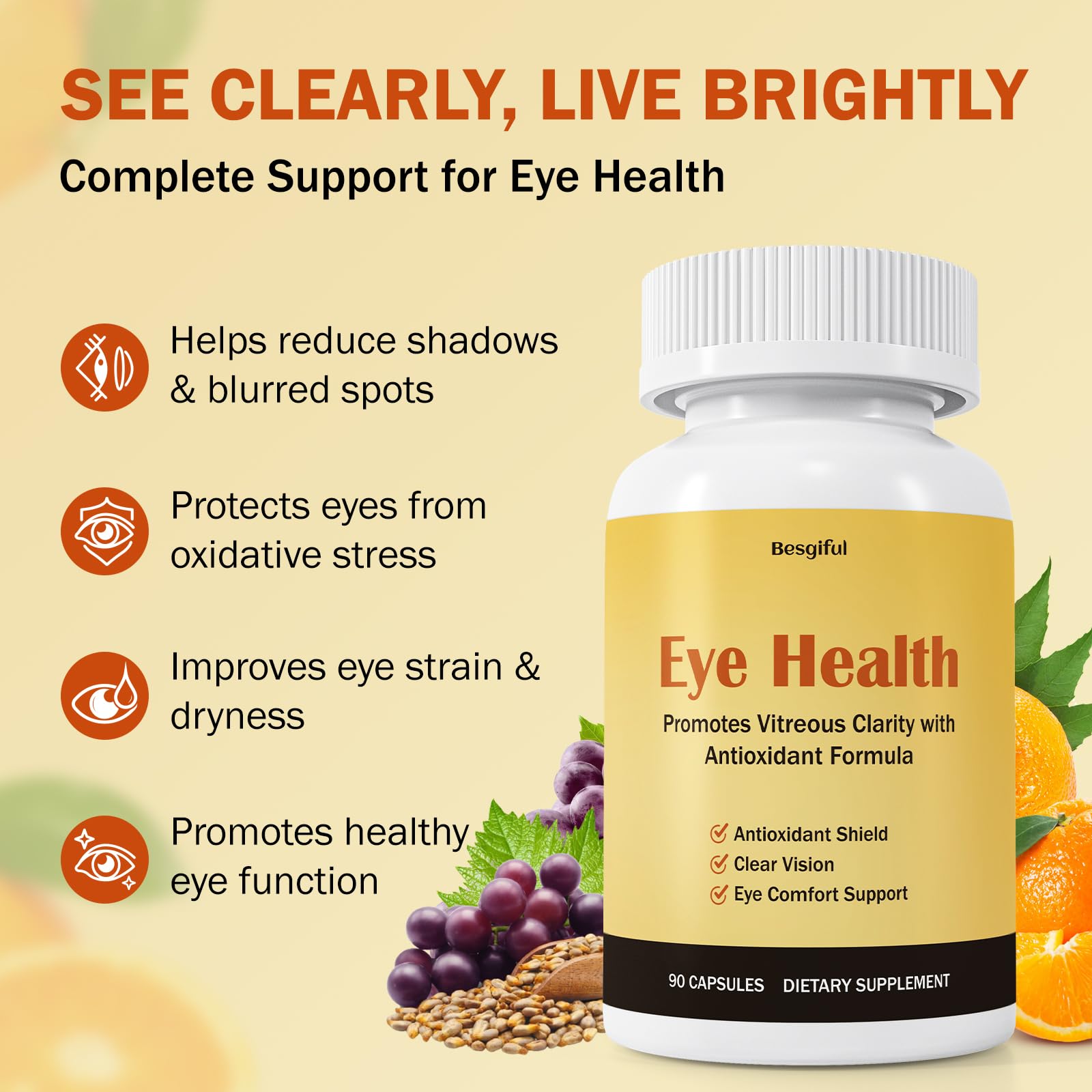 Besgiful Eye Supplement for Vitreous Health, Promotes Clear Vision, Improves Eye Strain & Dryness, Reduces Squiggly Lines, Eye Degeneration, Clear Eye Support, 90 Vegan Capsules - dailyvitalstore