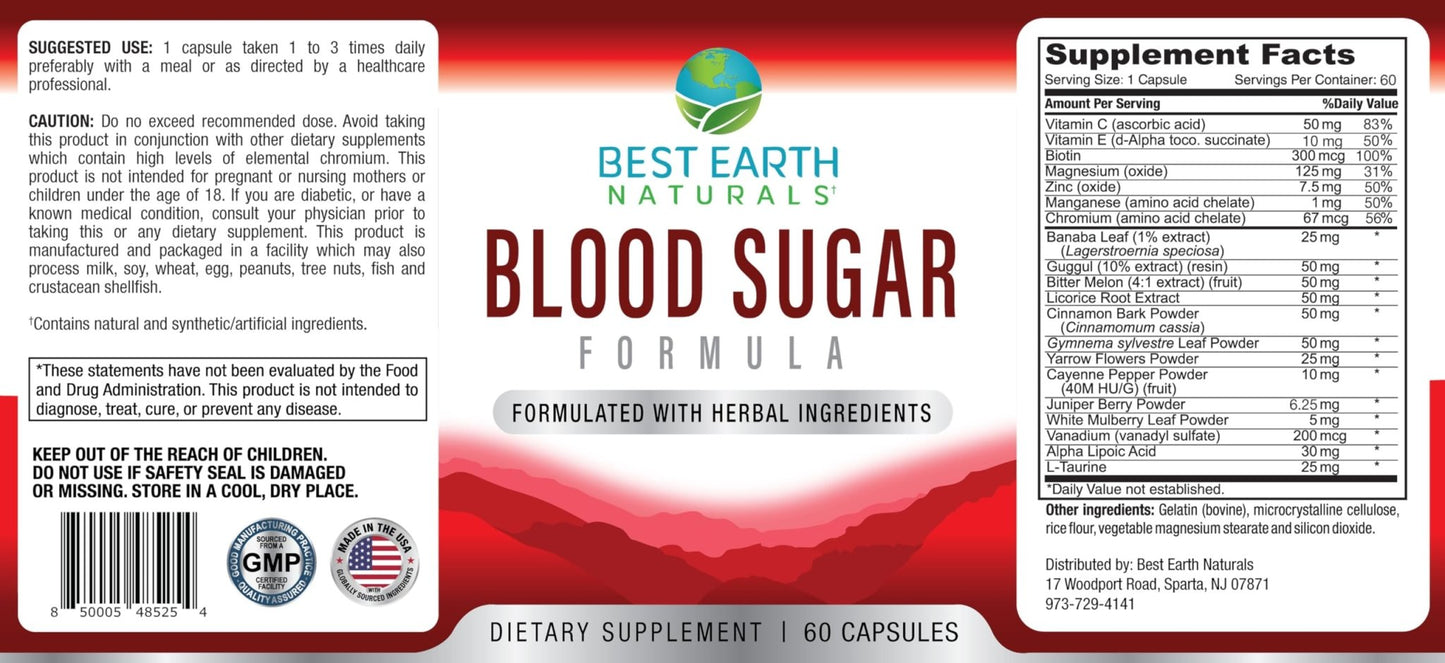 Best Earth Naturals Blood Sugar Formula with Cinnamon, Gymnema Sylvestre, Banaba, Guggul and More 60 Count - dailyvitalstore