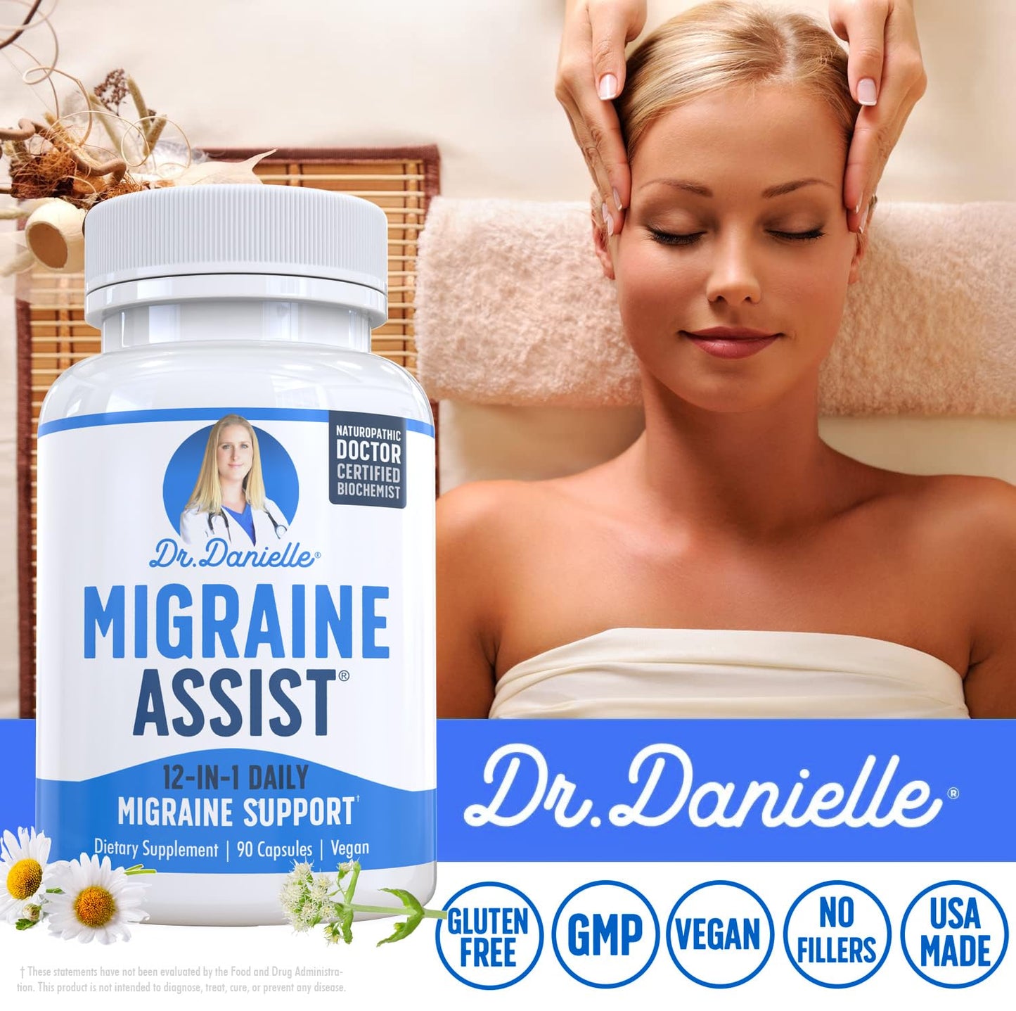Best Migraine Relief Product with Magnesium - Migraine Assist Supplement with Quercetin, Feverfew, Butterbur, CoQ10 from Dr. Danielle, 90 Capsules - dailyvitalstore