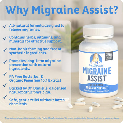Best Migraine Relief Product with Magnesium - Migraine Assist Supplement with Quercetin, Feverfew, Butterbur, CoQ10 from Dr. Danielle, 90 Capsules - dailyvitalstore