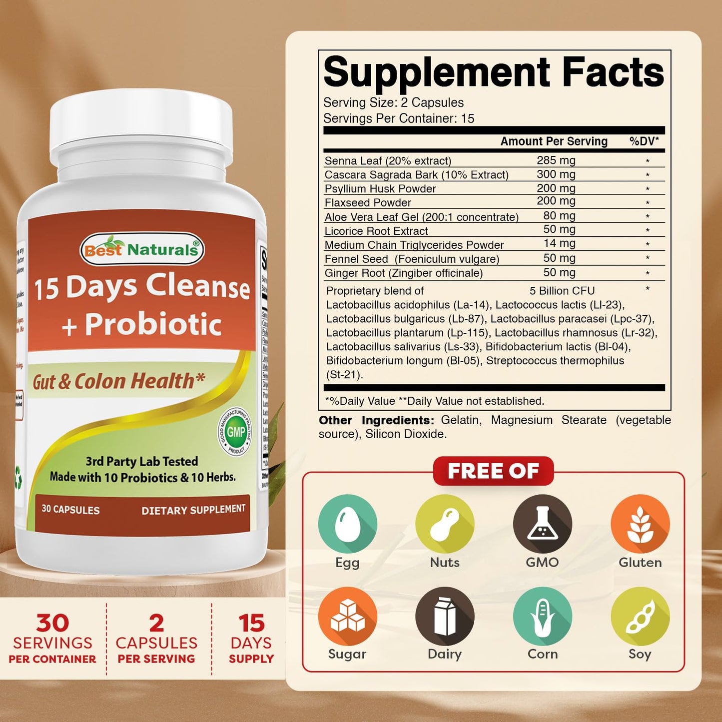 Best Naturals 15 Day Gut & Colon Cleanse + Probiotics for Women & Men with Senna, Cascara Sagrada & Psyllium Husk- 30 Capsules - Non-GMO & Gluten Free. - dailyvitalstore