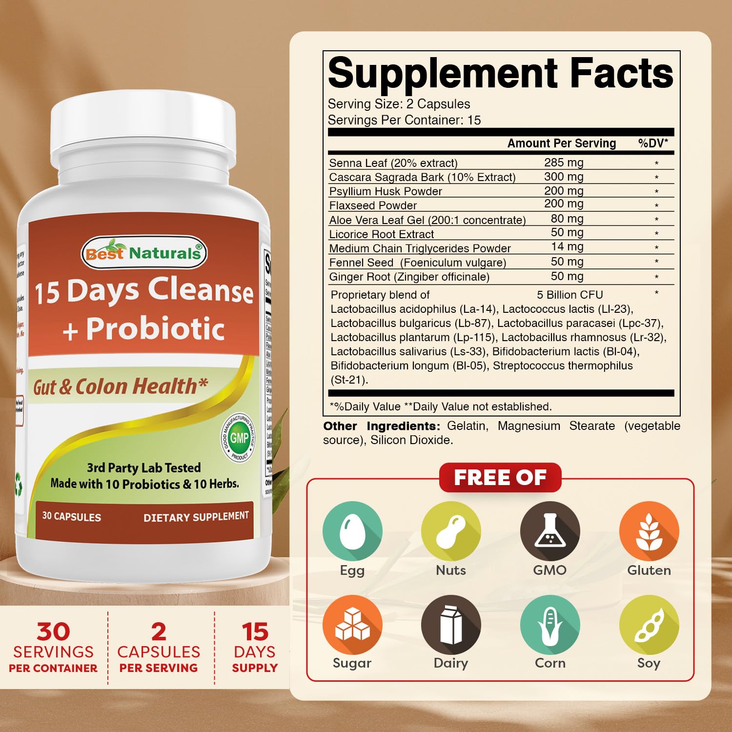 Best Naturals 15 Day Gut & Colon Cleanse + Probiotics for Women & Men with Senna, Cascara Sagrada & Psyllium Husk- 30 Capsules - Non-GMO & Gluten Free. - dailyvitalstore