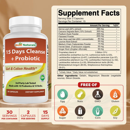Best Naturals 15 Day Gut & Colon Cleanse + Probiotics for Women & Men with Senna, Cascara Sagrada & Psyllium Husk- 30 Capsules - Non-GMO & Gluten Free. - dailyvitalstore