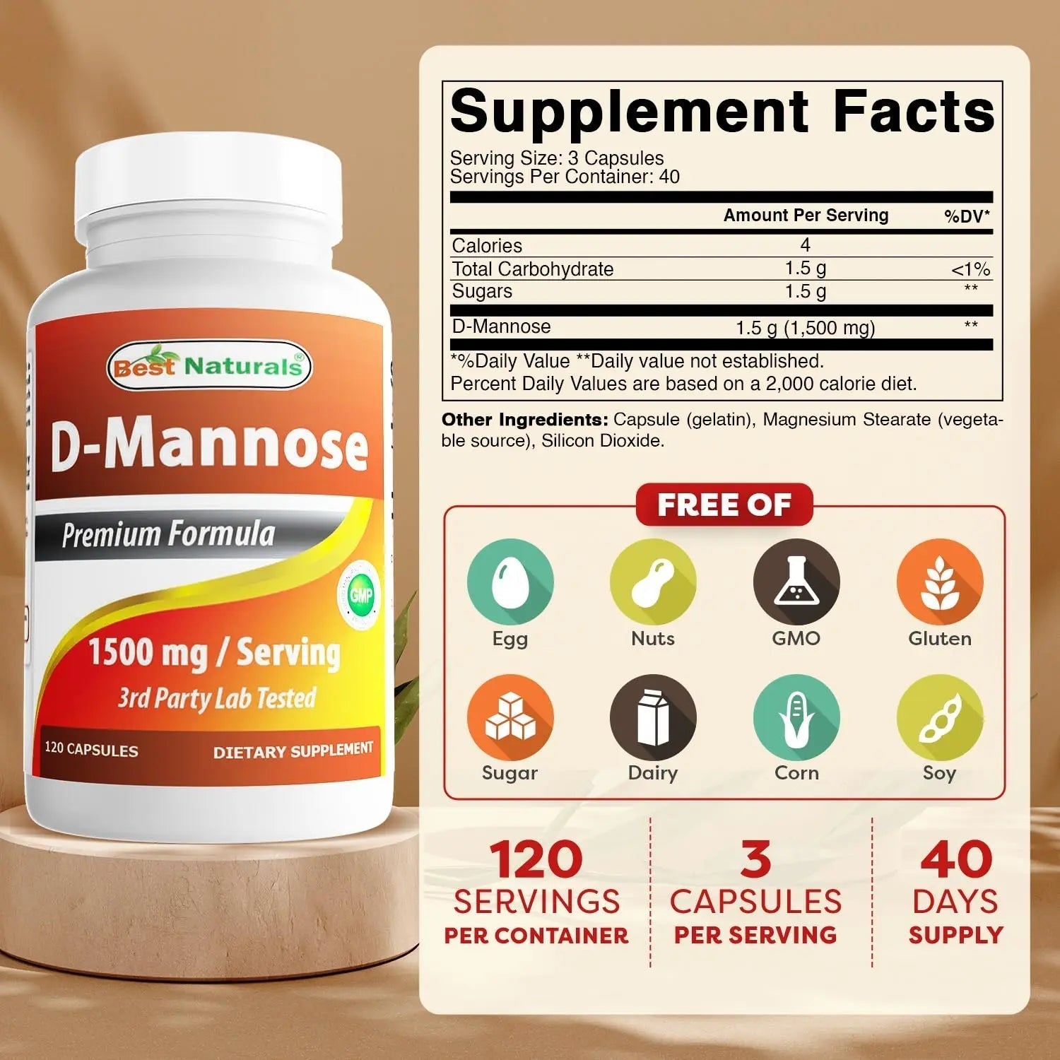 Best Naturals D-Mannose Capsules - Urinary Tract Cleanse Supplement 1500mg/Serving - 120 Count - dailyvitalstore