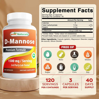 Best Naturals D-Mannose Capsules - Urinary Tract Cleanse Supplement 1500mg/Serving - 120 Count - dailyvitalstore