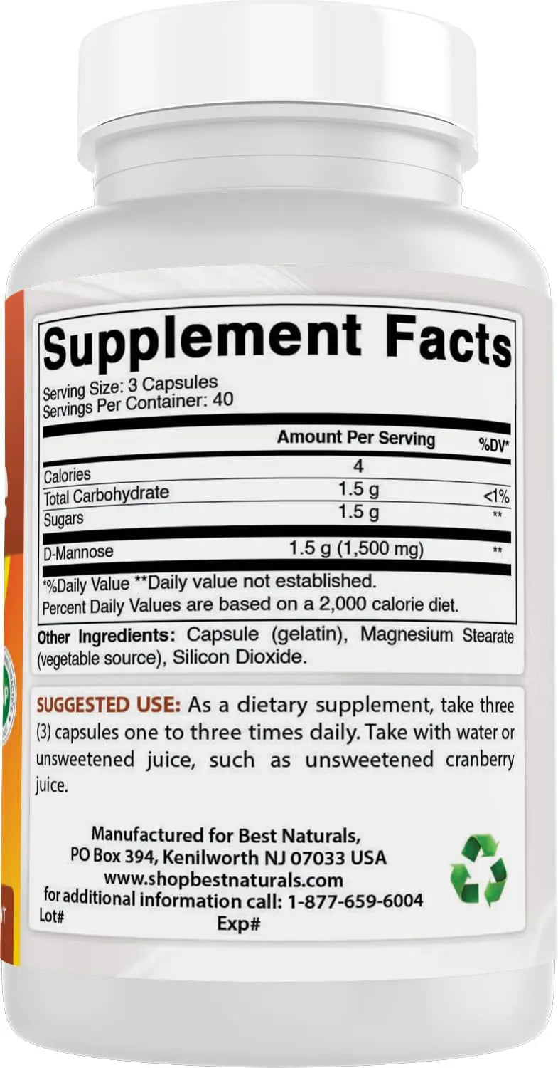 Best Naturals D-Mannose Capsules - Urinary Tract Cleanse Supplement 1500mg/Serving - 120 Count - dailyvitalstore